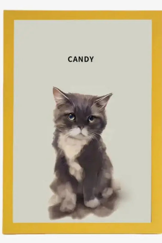 Hand-drawn custom pet portrait of a gray cat named Candy, framed in yellow for vibrant décor.