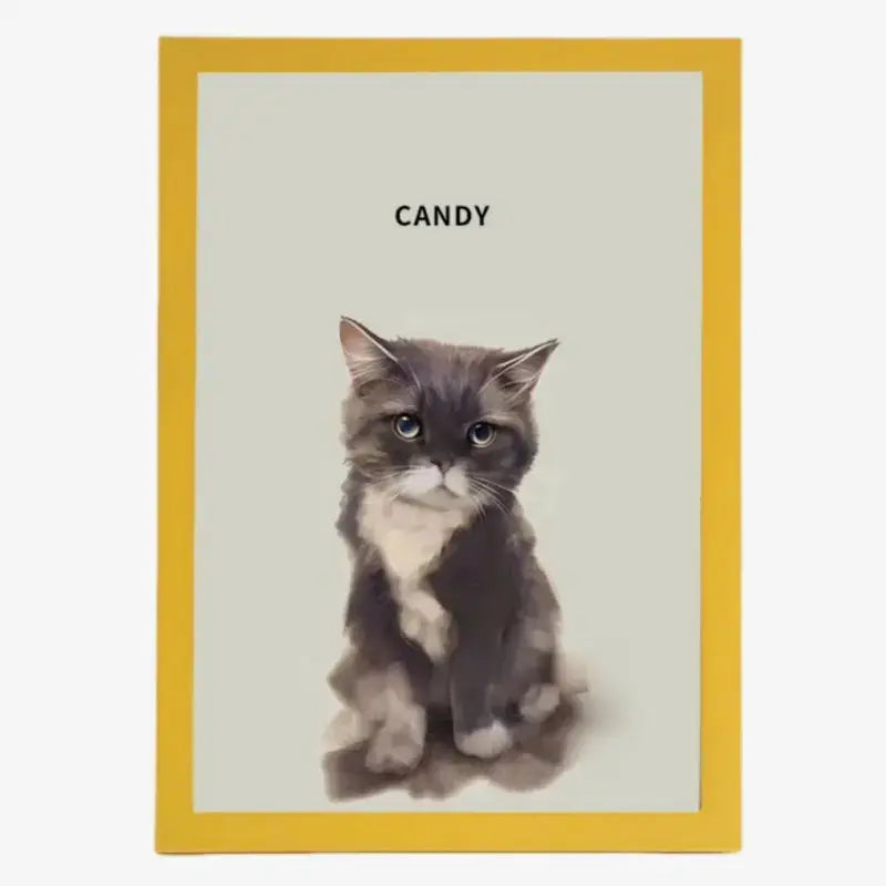 Hand-drawn custom pet portrait of a gray cat named Candy, framed in yellow for vibrant décor.