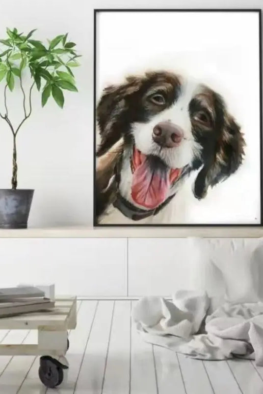 A framed dog oil painting with plain background completion hanging on the wall at home scene