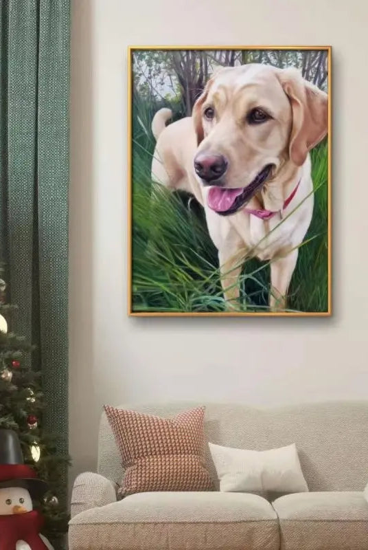 A_framed_golden_retriever_oil_painting_with_plain_background_completion_hanging_on_the_wall_at_home_scene