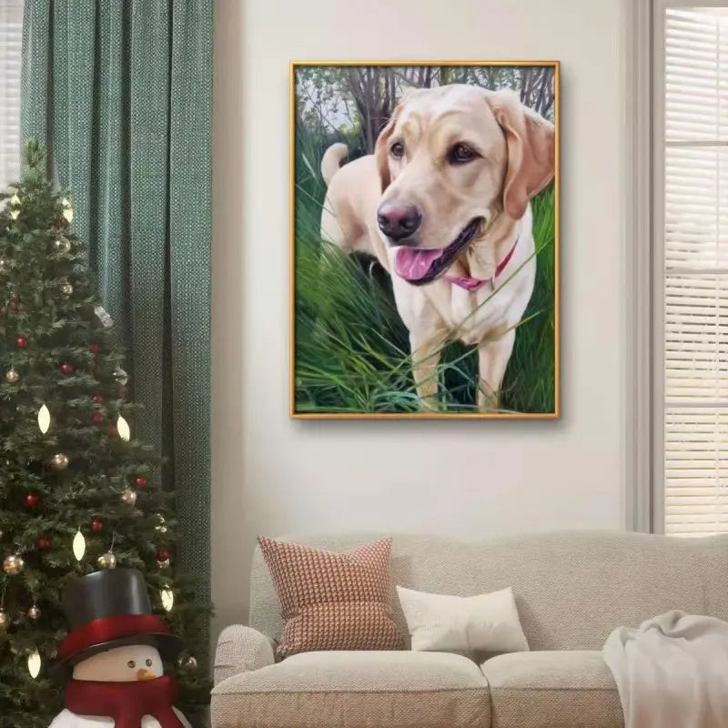 A_framed_golden_retriever_oil_painting_with_plain_background_completion_hanging_on_the_wall_at_home_scene