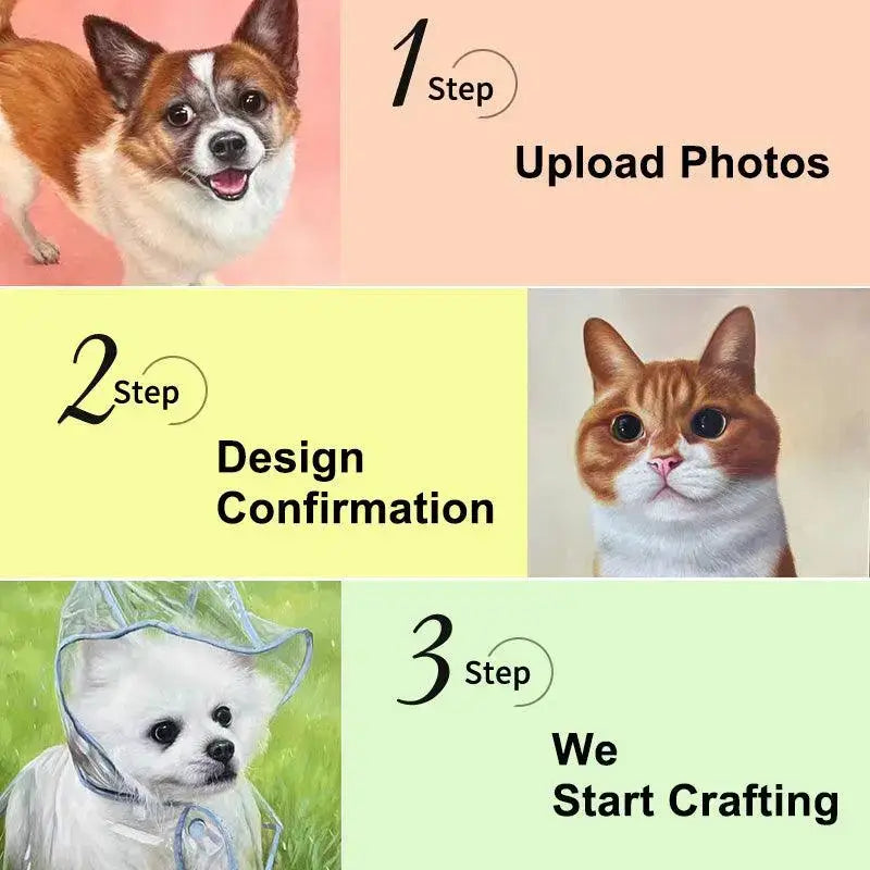 Step-by-step oil painting customization progression: transferring a pet design onto canvas