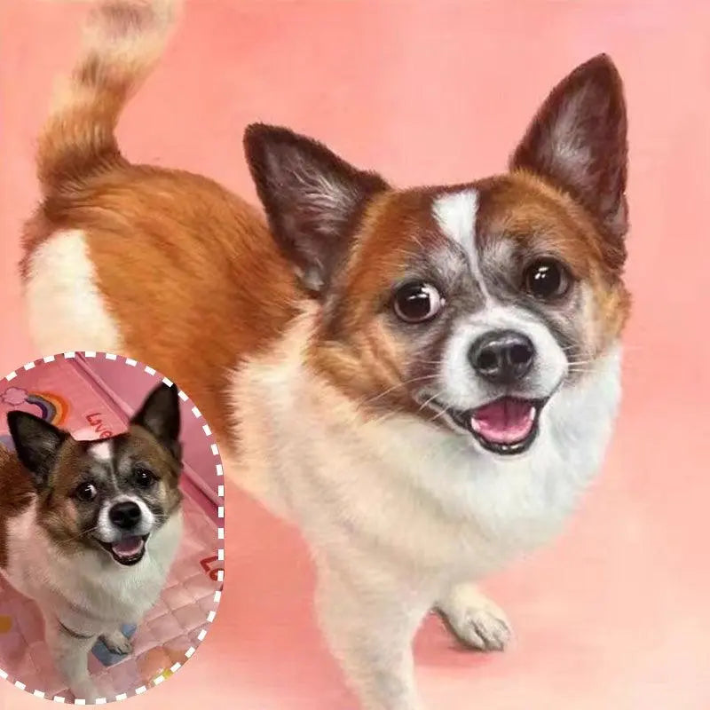 Custom corgi oil painting with painted fur details, compared to a live corgi