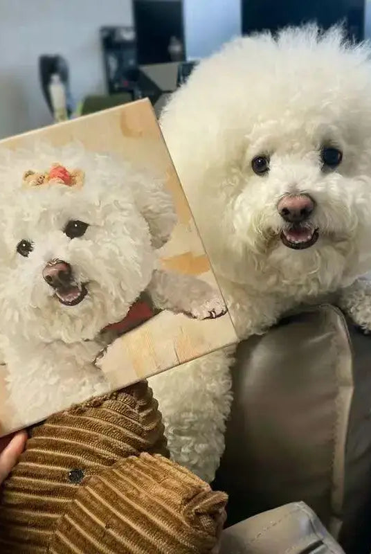 Custom dog paint-by-numbers finished painting in hand and in comparison with actual dog