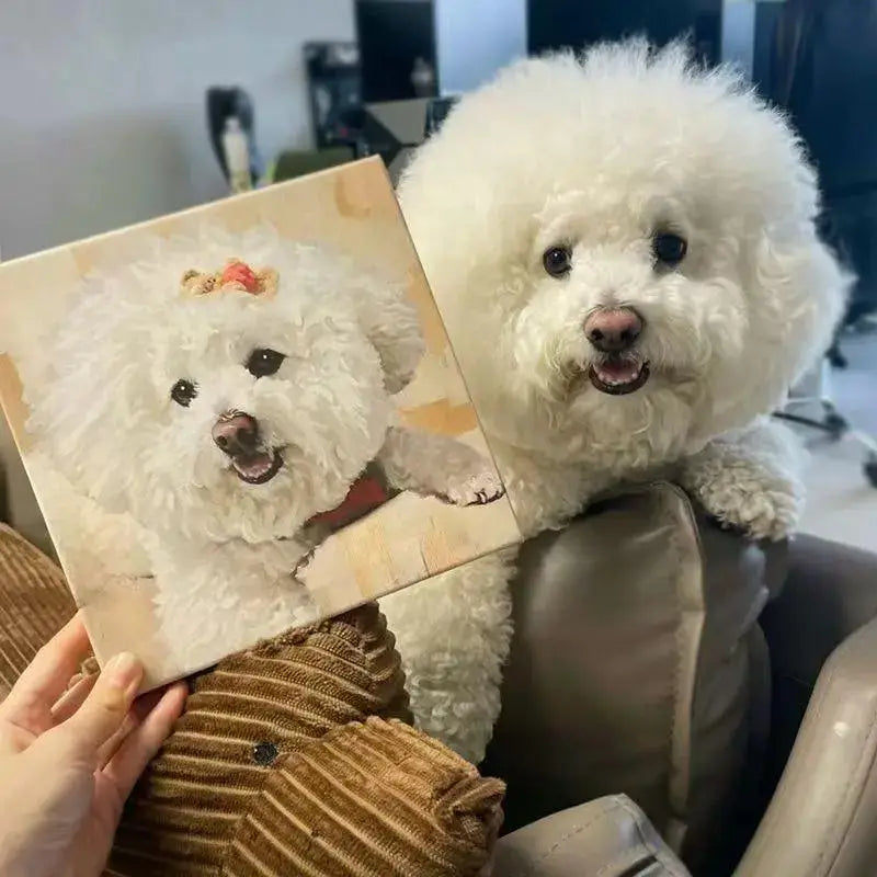 Custom dog paint-by-numbers finished painting in hand and in comparison with actual dog