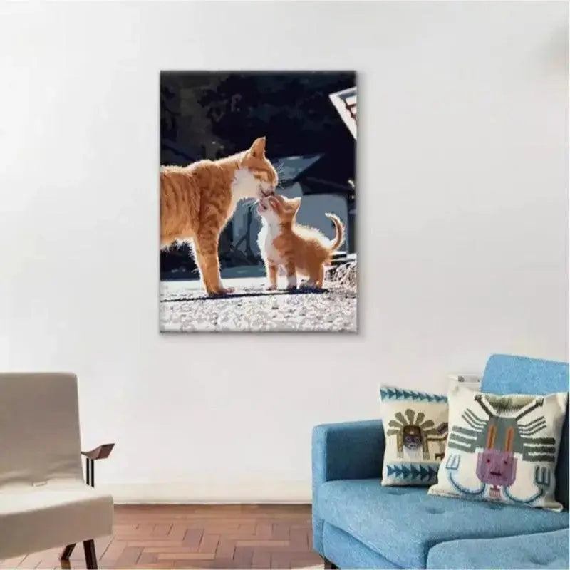 Finished two - cat painting hanging on the wall above sofa in living room scene