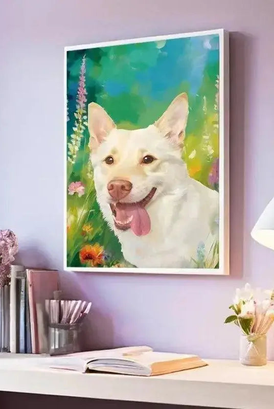 Framed dog paint-by-numbers finished painting display onto the wall