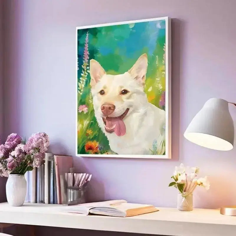 Framed dog paint-by-numbers finished painting display onto the wall