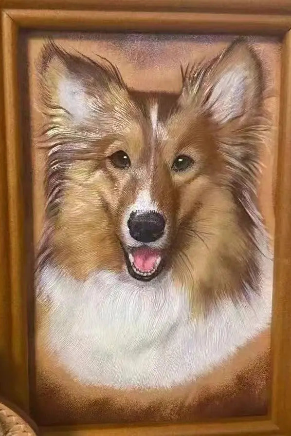 Close-up of engraved dog portrait in gallery level