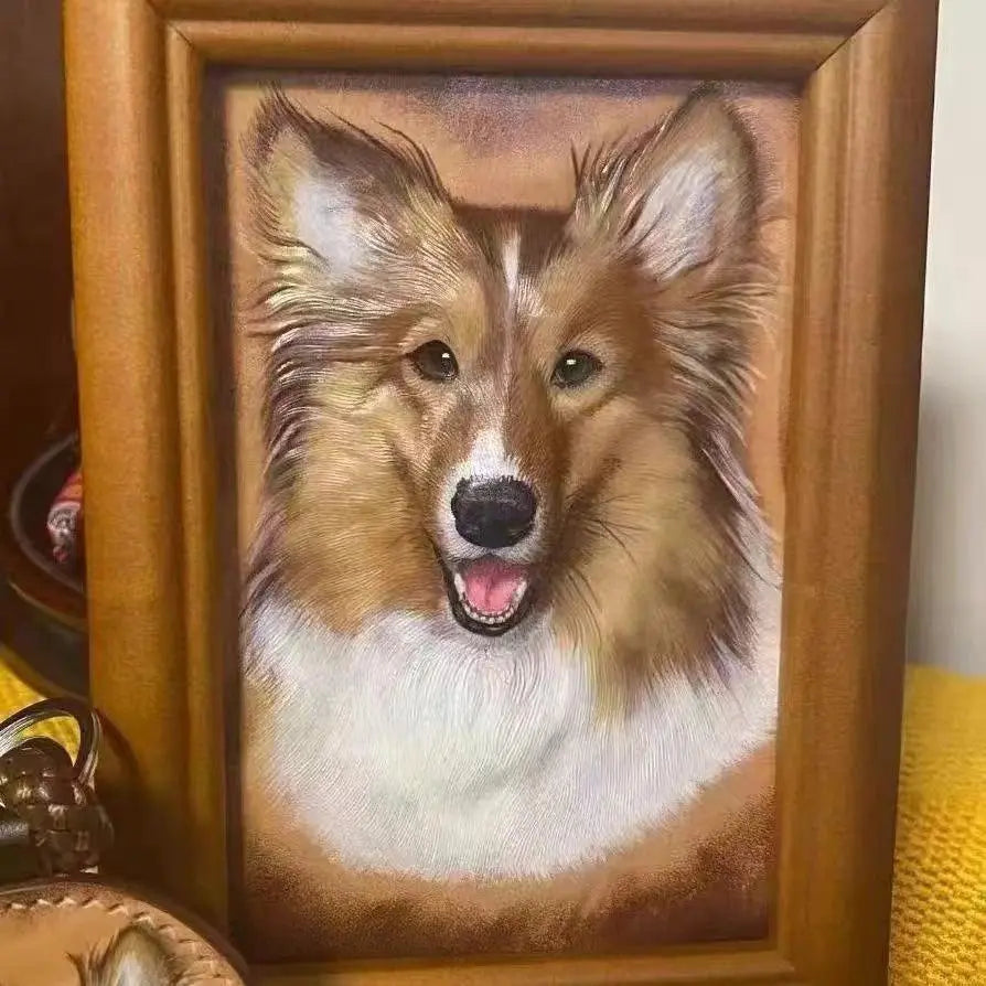 Close-up of engraved dog portrait in gallery level