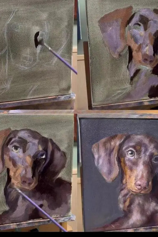 Step-by-step oil painting progression: transferring a pet design onto canvas, drawing details, and adding depth with specialized tools
