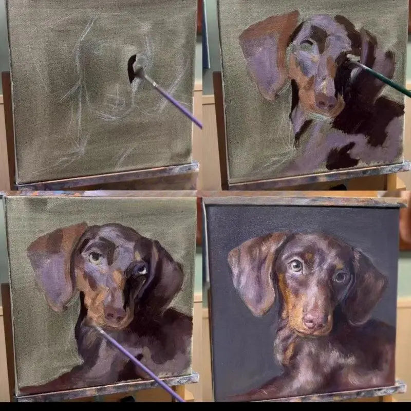 Step-by-step oil painting progression: transferring a pet design onto canvas, drawing details, and adding depth with specialized tools