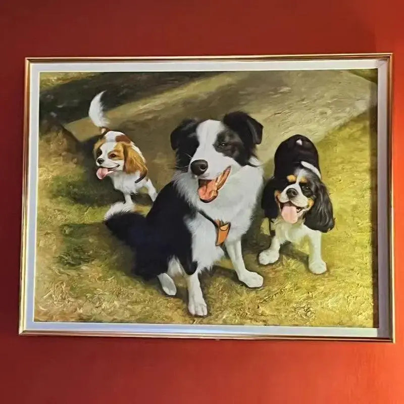Multi dogs canvas playing on grassland displaying on red wall scene