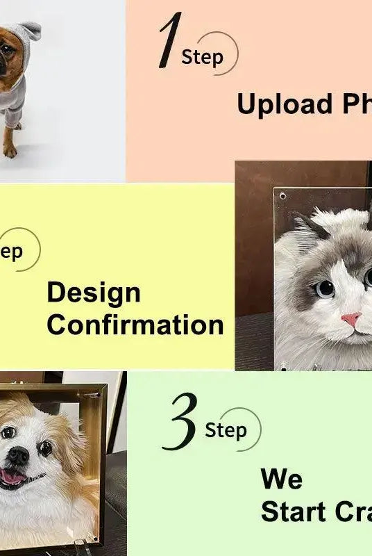 3D layered acrylic paintingwith a client’s dog/cat portrait, emphasizing the seamless process: upload, approve design, and track your unique creation