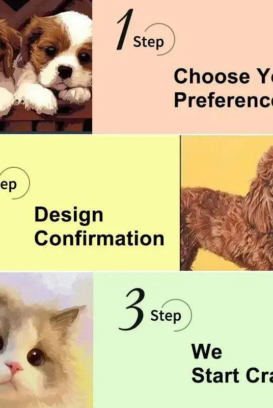 Paint-by-Numbers DIY Kit with a client’s dog/cat portrait, emphasizing the seamless process: upload, approve design, and track your unique creation