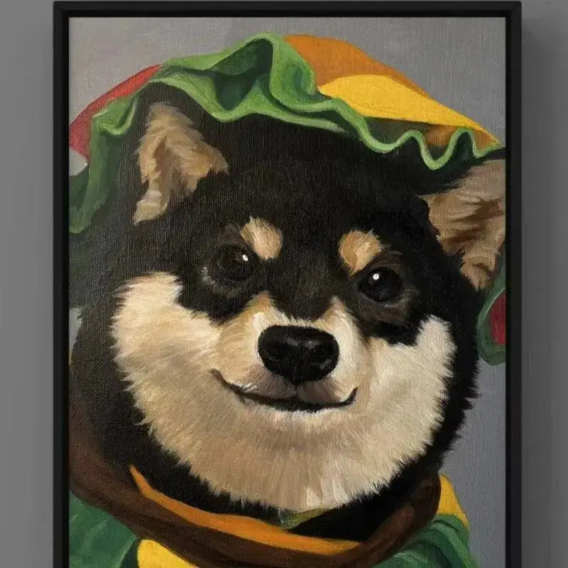 Siberian Husky portait in black frame hanging onto the wall scene