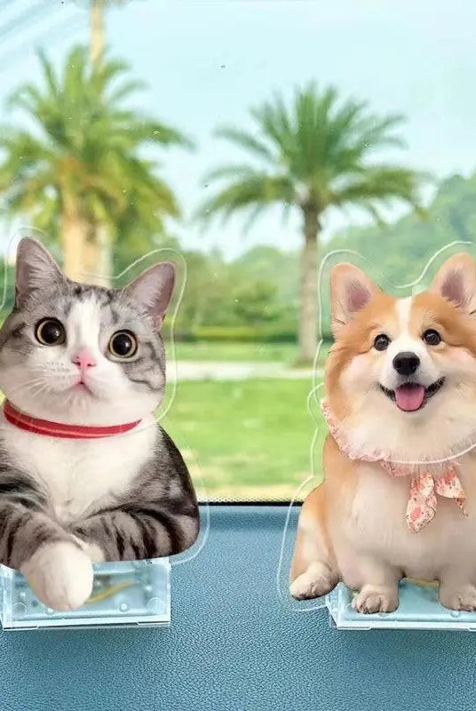 a corgi custom bobblehead car decoration standing inside a car with a cat bobblehead