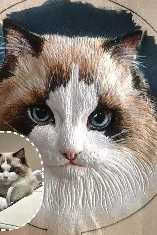 comparison image of a leather carved ragdoll cat with a real ragdoll lying on the bench
