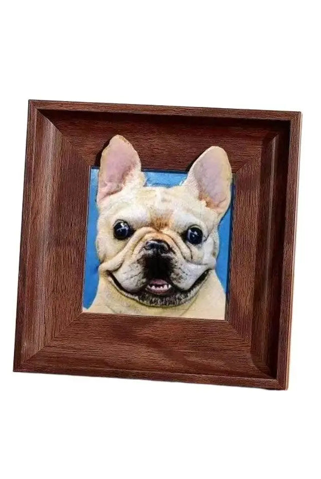 Custom leather wall art featuring a hand-carved French Bulldog portrait in a rustic wooden frame.