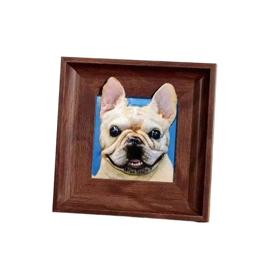Custom leather wall art featuring a hand-carved French Bulldog portrait in a rustic wooden frame.