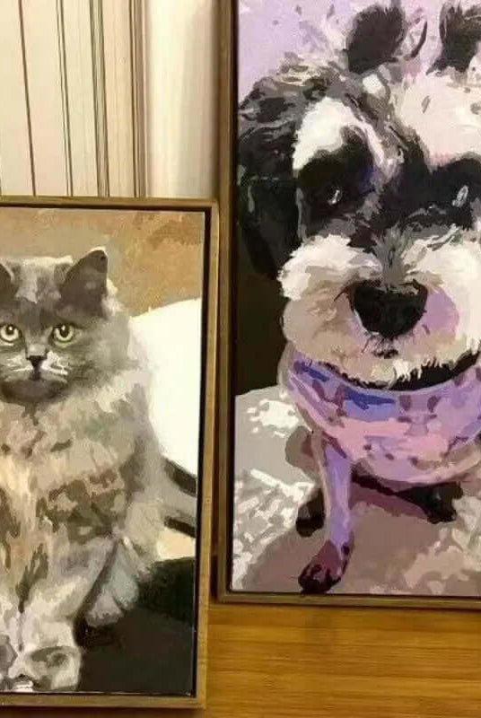 Custom pet paint-by-numbers kit with dog and cat portrait design on pre-printed canvas.