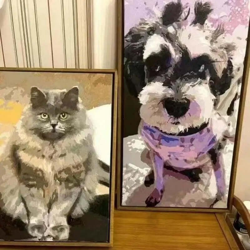 Custom pet paint-by-numbers kit with dog and cat portrait design on pre-printed canvas.