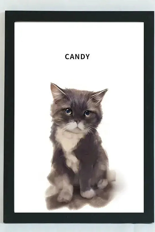 Hand-drawn pet portrait of a cat named Candy in a black frame, showcasing personalized pet art.