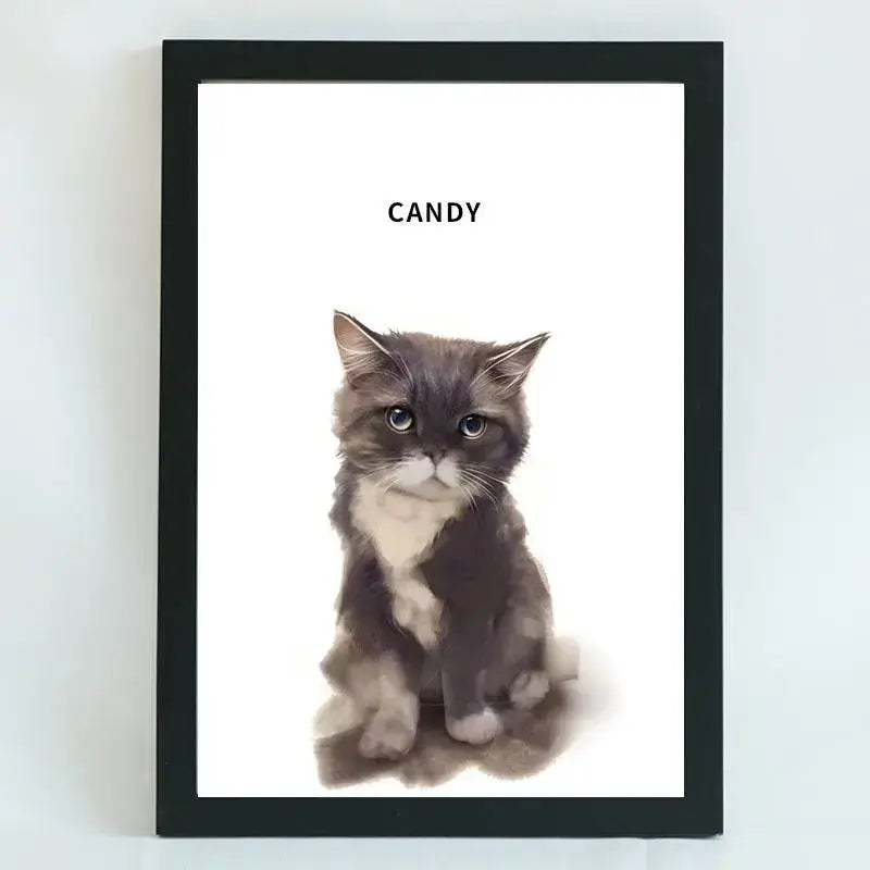 Hand-drawn pet portrait of a cat named Candy in a black frame, showcasing personalized pet art.