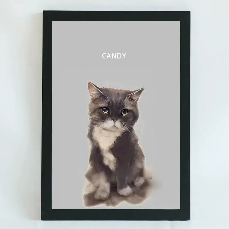 Hand-drawn pet portrait of a grey and white cat named Candy, framed, showcasing custom pet art decor.