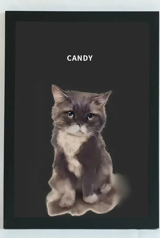 Hand-drawn custom pet portrait of a cat named Candy, framed and ready to display.