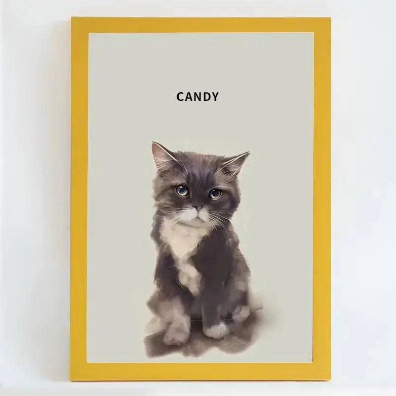 Personalized hand-drawn pet portrait of a cat named Candy in a yellow frame, unique custom décor for pet lovers.