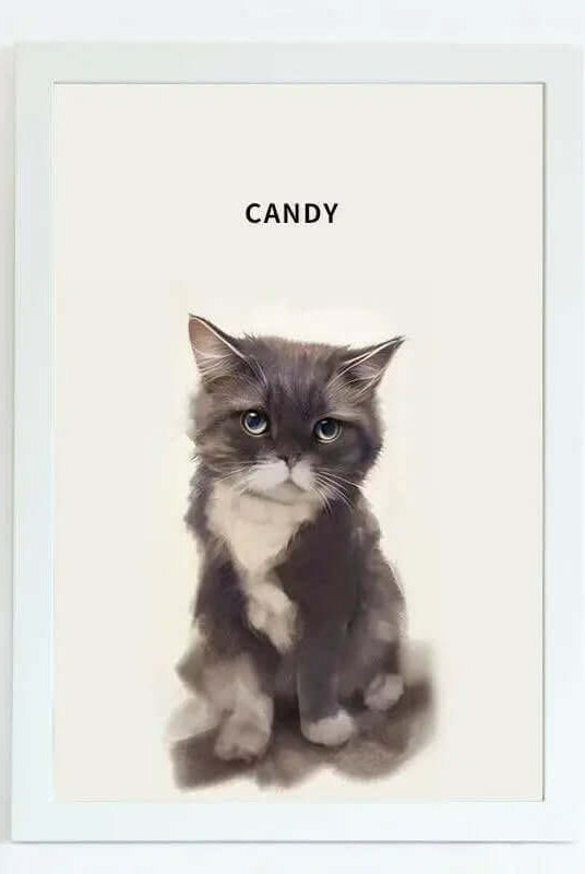 Hand-drawn pet portrait of a cat named Candy, showcasing unique and vibrant art for pet lovers.