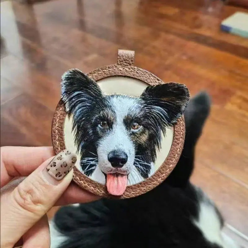 Handmade Leather Pet Portrait Keychain | Custom Engraved Pet Memorial Gift - BuddyCopies
