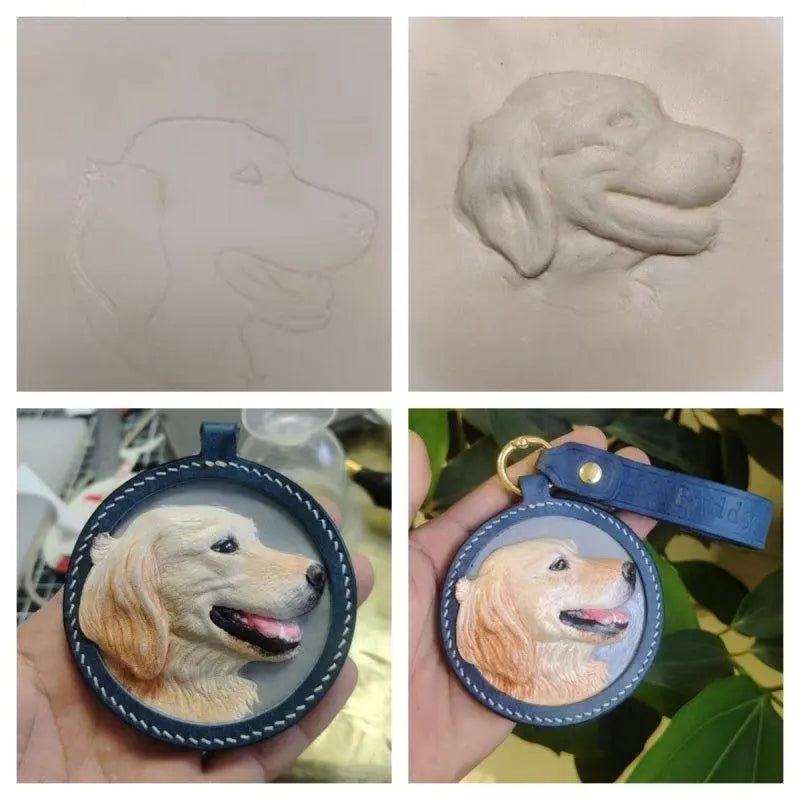 Handmade Leather Pet Portrait Keychain | Custom Engraved Pet Memorial Gift - BuddyCopies