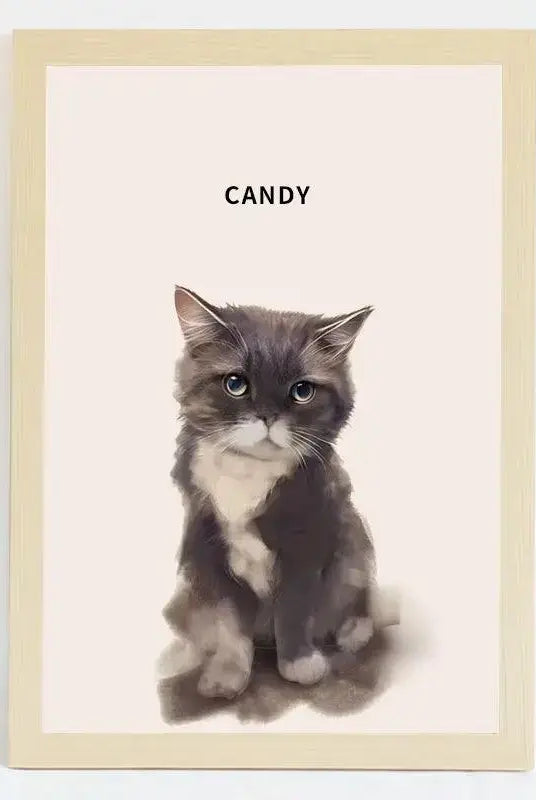 Hand-drawn pet portrait of a cat named Candy, showcasing vibrant art in a frame, perfect for pet lovers.