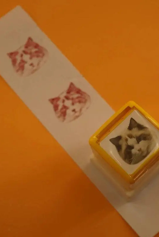 over view of the custom stamp with red prints on paper