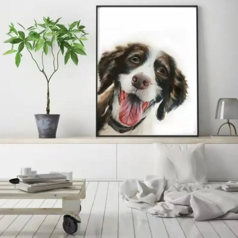 A framed dog oil painting with plain background completion hanging on the wall at home scene 
