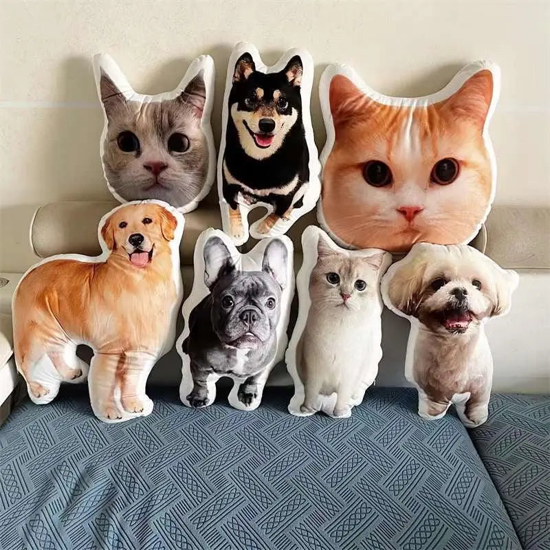 A golden retriever pillow and French bulldog pillow together with other custom throw pillows on a sofa 