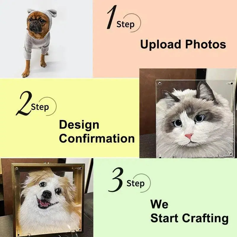 3D layered acrylic paintingwith a client’s dog/cat portrait, emphasizing the seamless process: upload, approve design, and track your unique creation