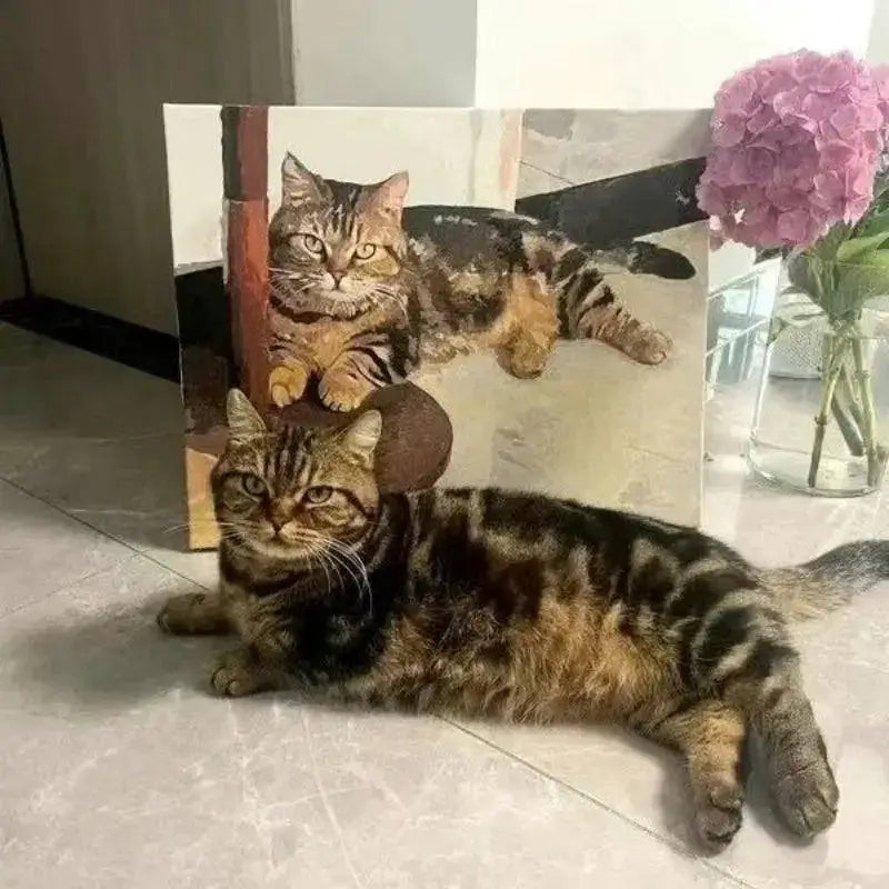 Unframed cat paint-by-number DIY kit completion comparison with actual cat lying beside the painting