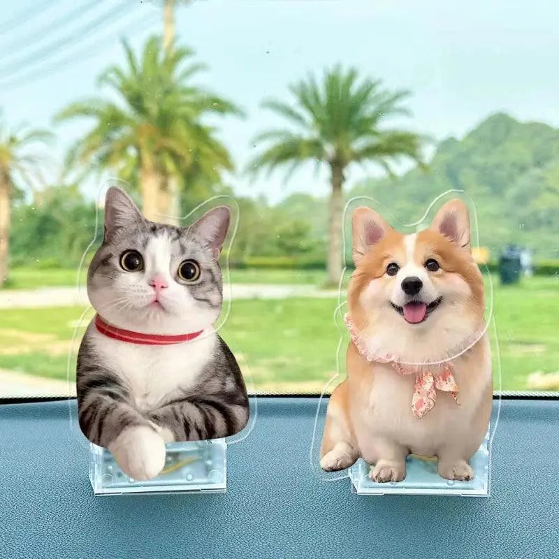 a corgi custom bobblehead car decoration standing inside a car with a cat bobblehead