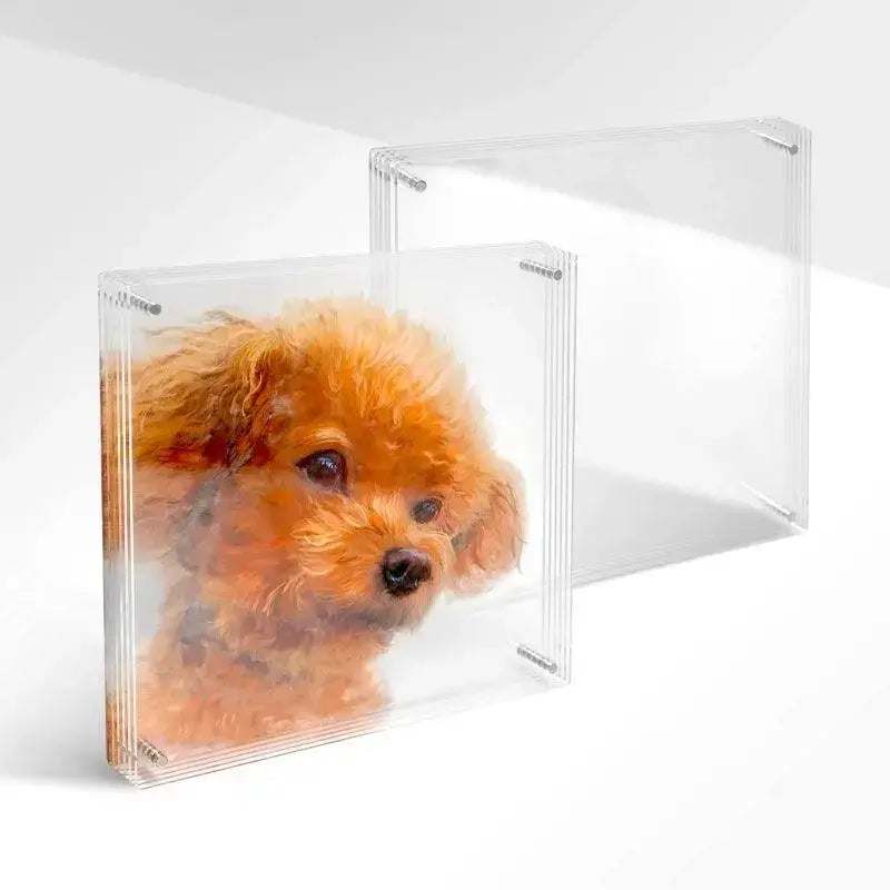 Custom 3D layered acrylic pet portrait with golden retriever design, front view showing depth effect