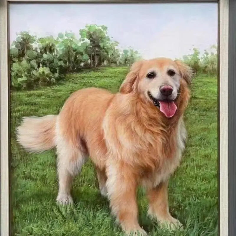 Custom oil painting portrait of a golden retriever on stretched canvas with wooden frame.