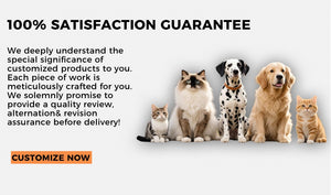 Custom pet portrait satisfaction guarantee badge with 30-day return policy and free replacement promise