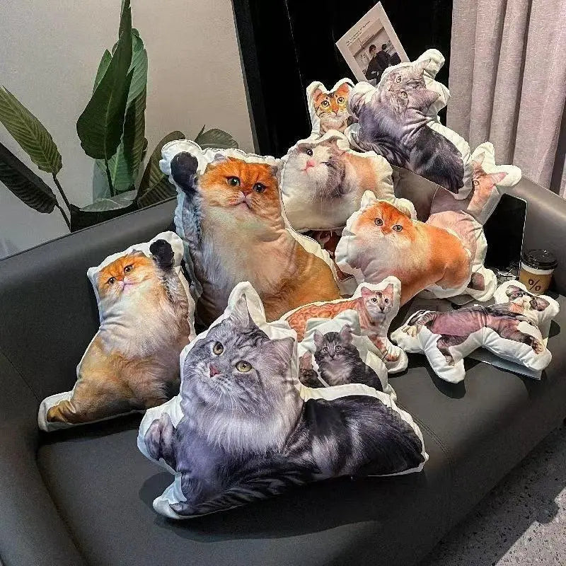 many customized pillows from different shapes, movements and postures of cat lying the sofa
