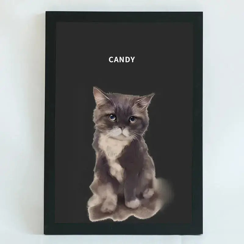 Hand-drawn custom pet portrait of a cat named Candy, framed and ready to display.