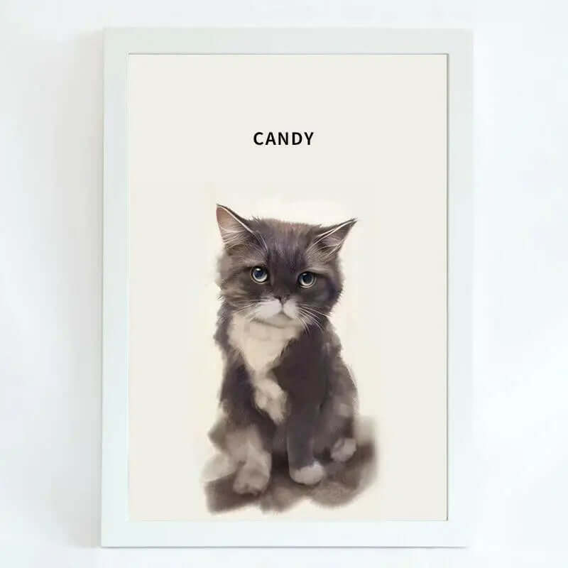 Hand-drawn pet portrait of a cat named Candy, showcasing unique and vibrant art for pet lovers.