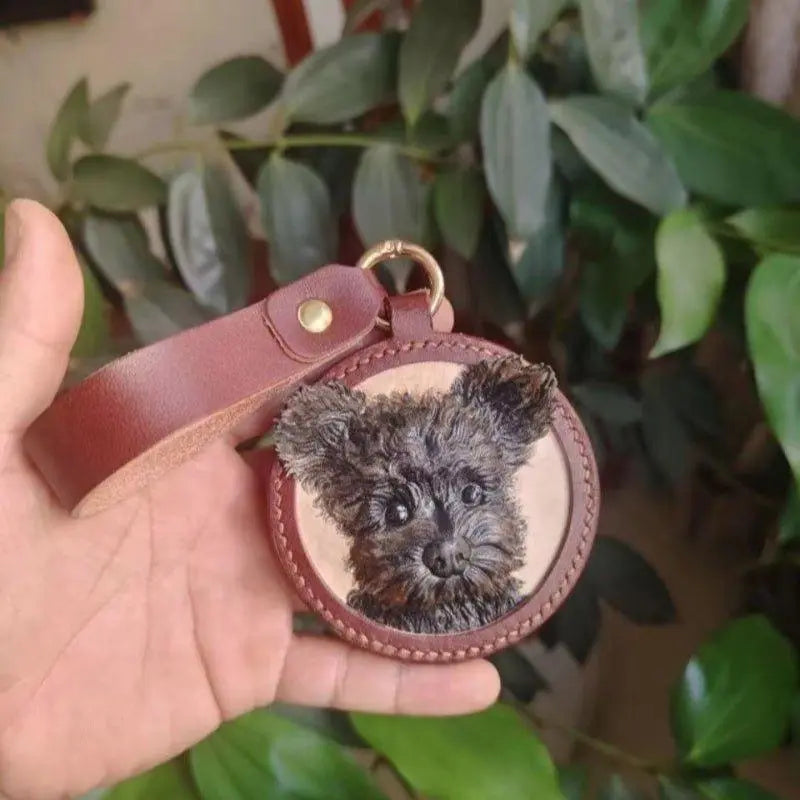 Handmade Leather Pet Portrait Keychain | Custom Engraved Pet Memorial Gift - BuddyCopies