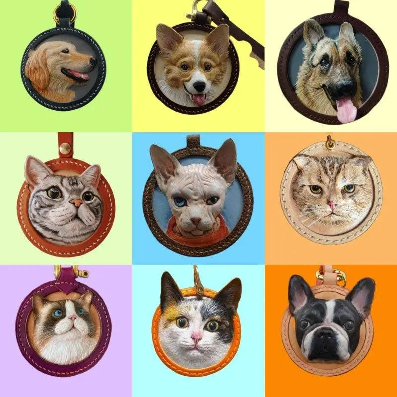 Handmade Leather Pet Portrait Keychain | Custom Engraved Pet Memorial Gift - BuddyCopies