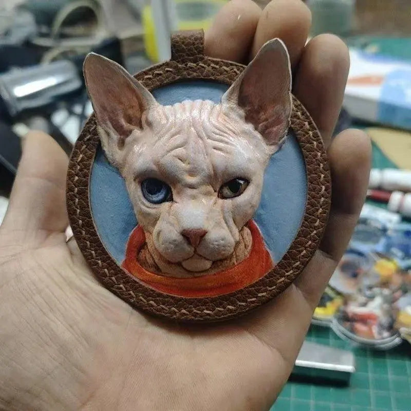 Handmade Leather Pet Portrait Keychain | Custom Engraved Pet Memorial Gift - BuddyCopies